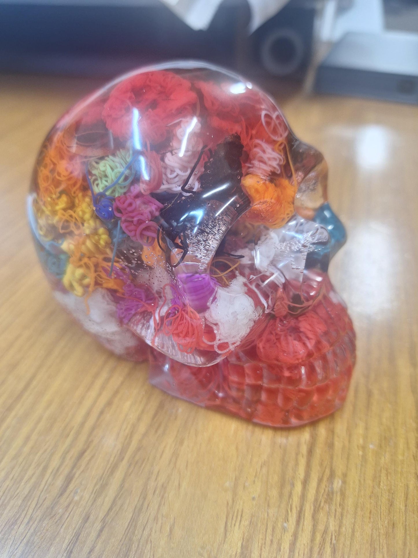 Unique Skull 3D Filament Resin Paper Weight cork pad - Unique 3D Printed Poop Filament Display Piece for Home Decor & Gifts. 1-of-a-kind.