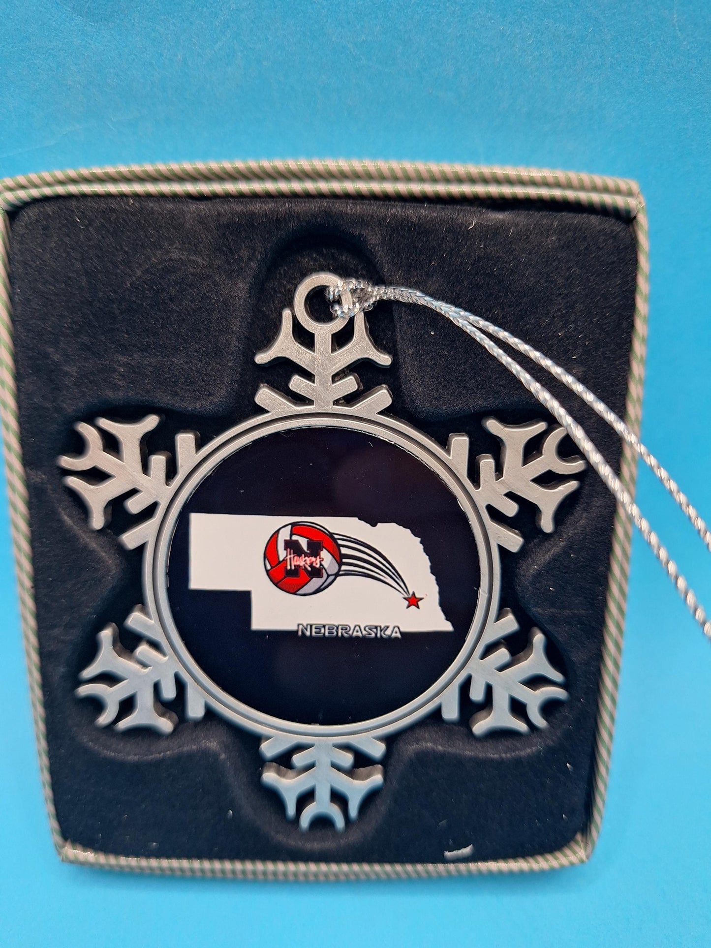 NE State Black Volleyball Pewter Snowflake Ornament