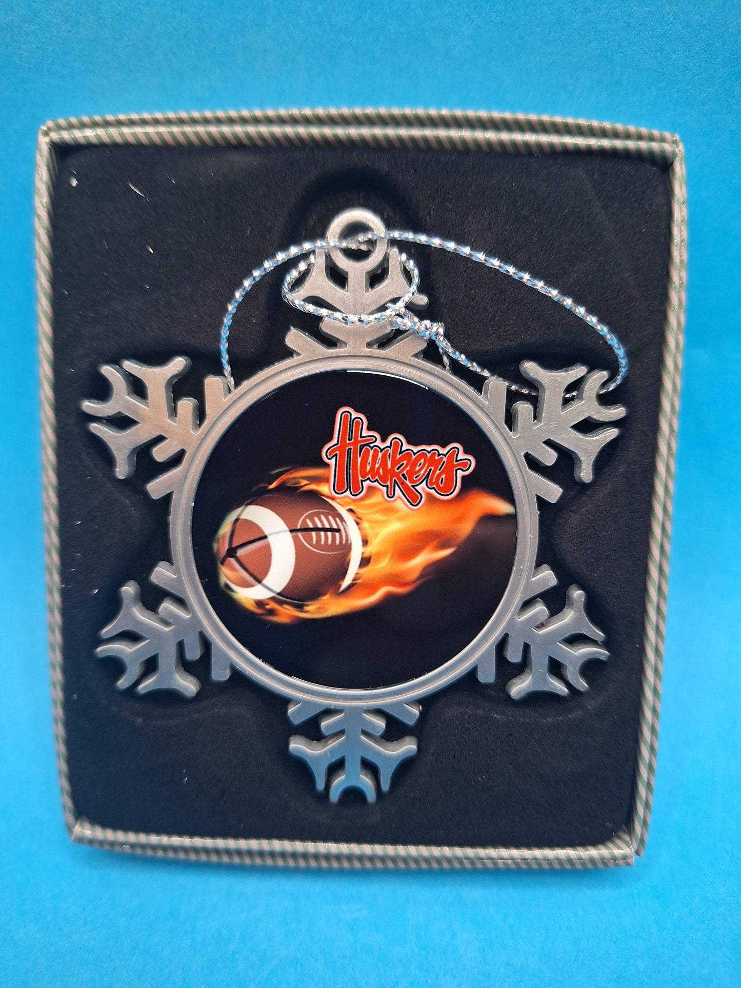 Husker Flame Football Pewter Snowflake Ornament